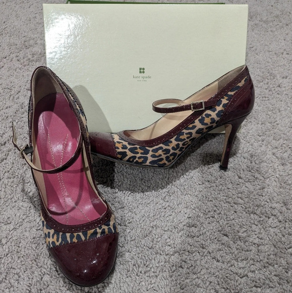 Kate Spade Heels Size 9.5 Red Kelsey Leopard Print Mary Jane Pumps - Picture 1 of 8